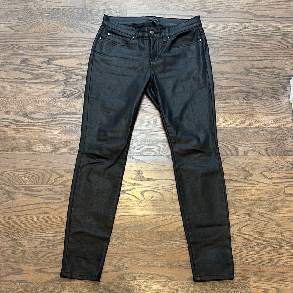 Eileen Fisher, Black Skinny Jeans with leather look. Size 8.